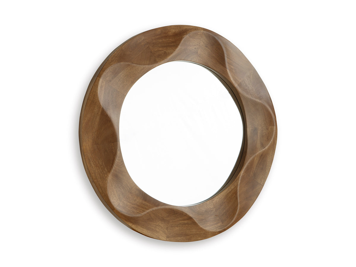 36-Inch Brown Wood Wave-Frame Wall Mirror, angled front view