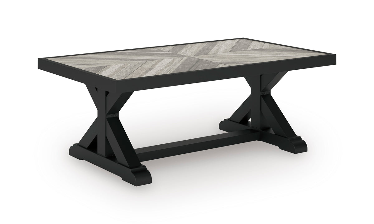 48-Inch Porcelain-Top Outdoor Coffee Table with Black X-Leg Base, front angle