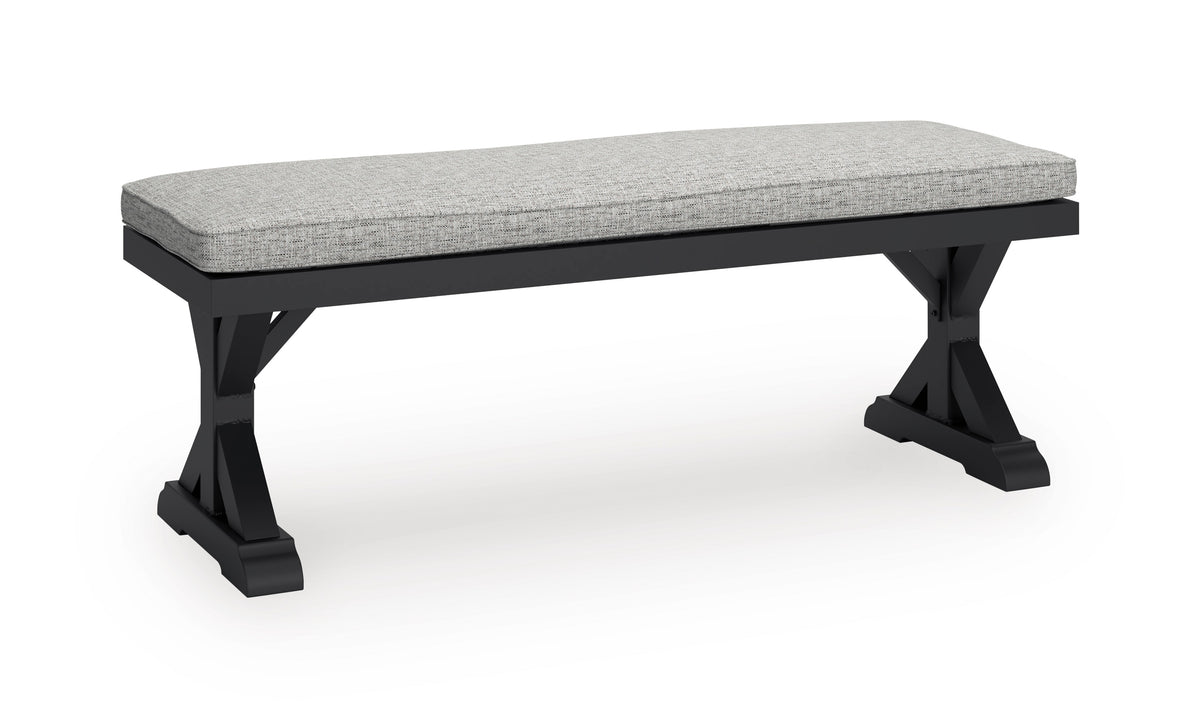 54-Inch Black Outdoor Bench with Removable Light Gray Cushion, front angle