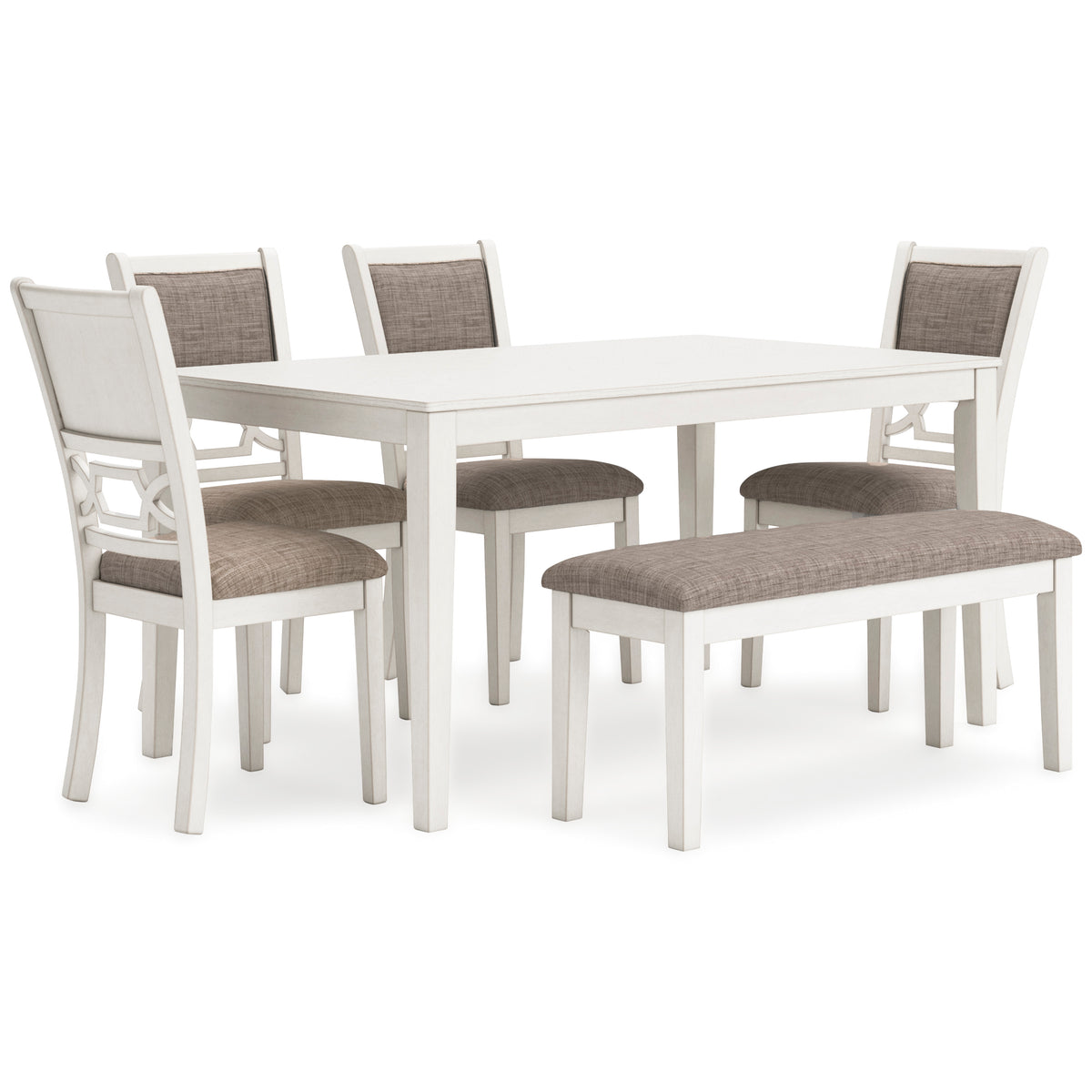 Antique White / 6-Piece Dining Set: Table + 4 Chairs + Bench, product view 1; includes 1 table, 4 chairs, 1 bench; decorative accessories and other furniture excluded