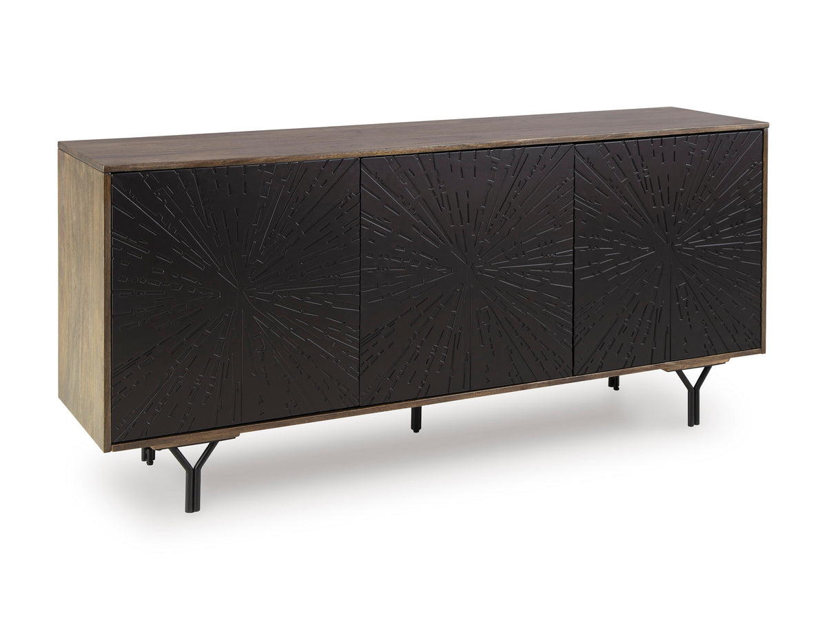 64-Inch Two-Tone Mango Wood Accent Cabinet with Carved Doors, closed angle view