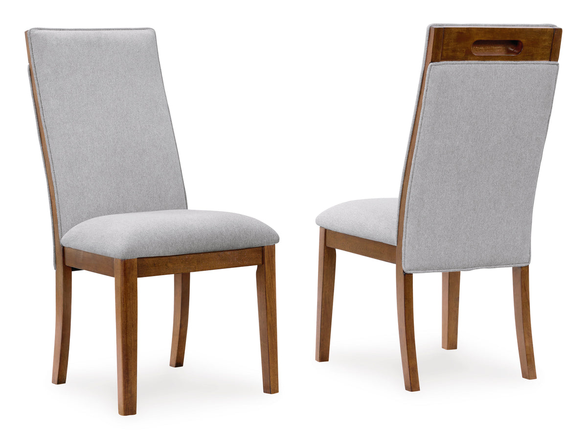 beige and brown upholstered dining chairs, pair of two chairs