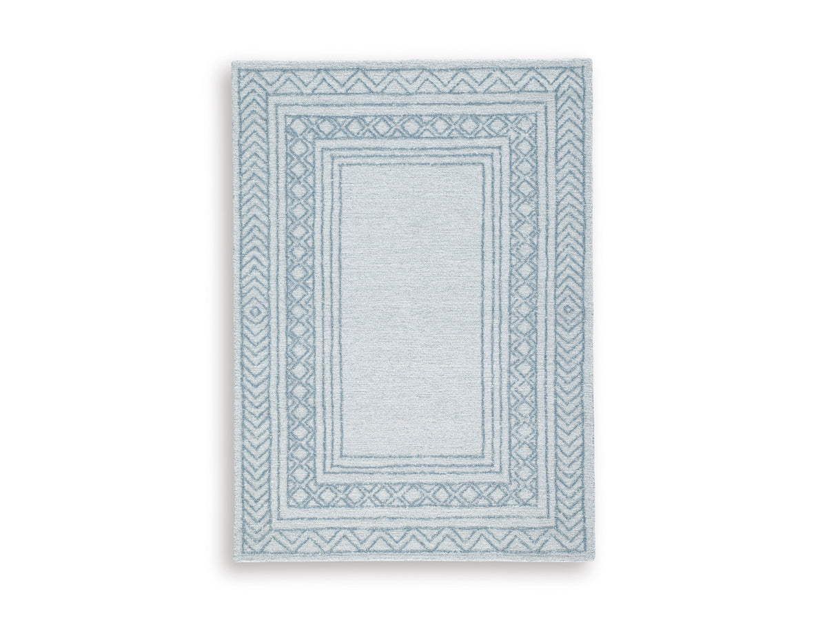 Blue Ivory and Gray Hand-Tufted Wool Border Area Rug, smaller size front view