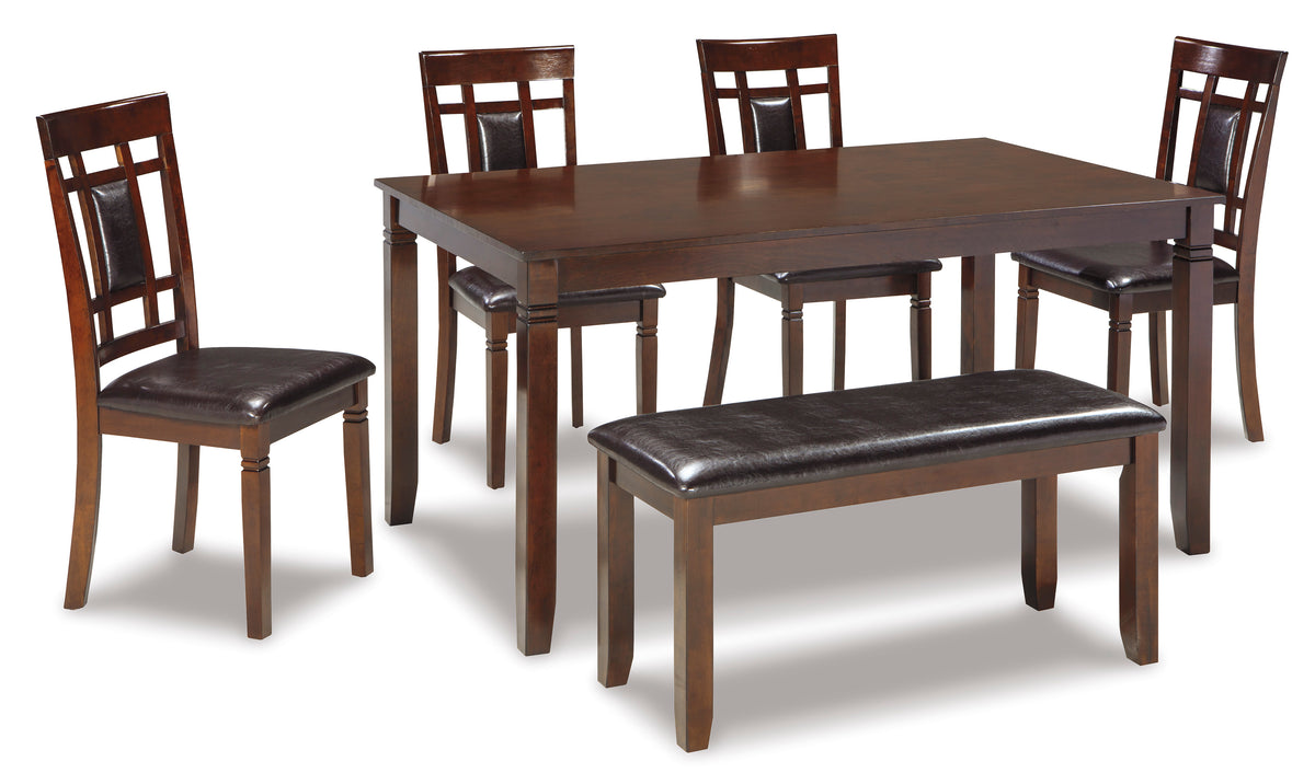 Brown / 6-Piece Dining Set: Table + 4 Chairs + Bench, product view 4; includes 1 table, 4 chairs, 1 bench; decorative accessories and other furniture excluded