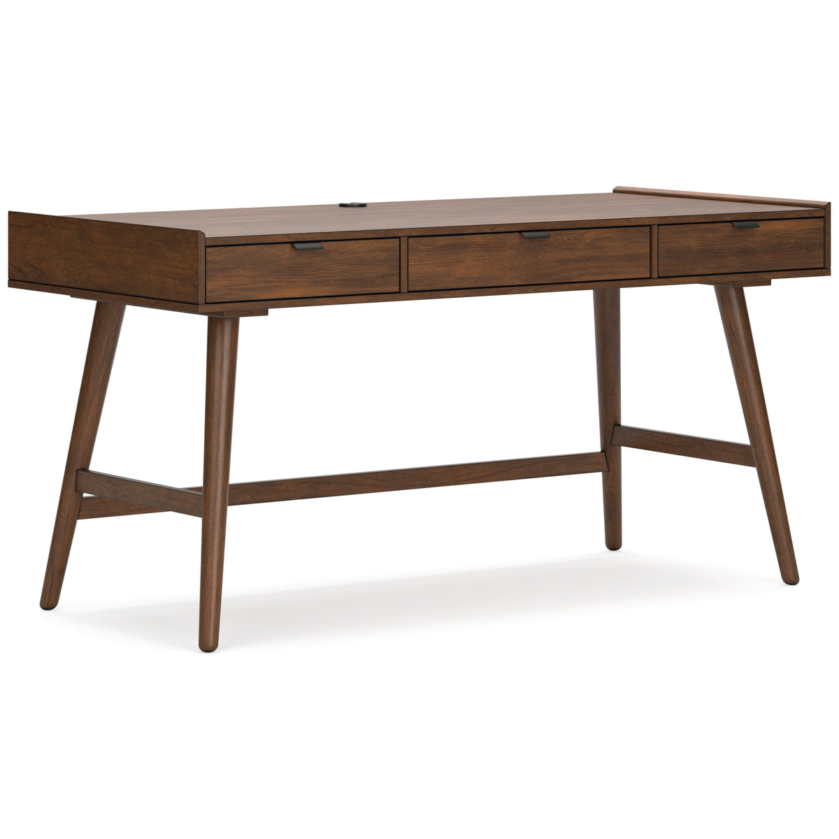 Brown mid-century desk with three drawers — opposite front angle