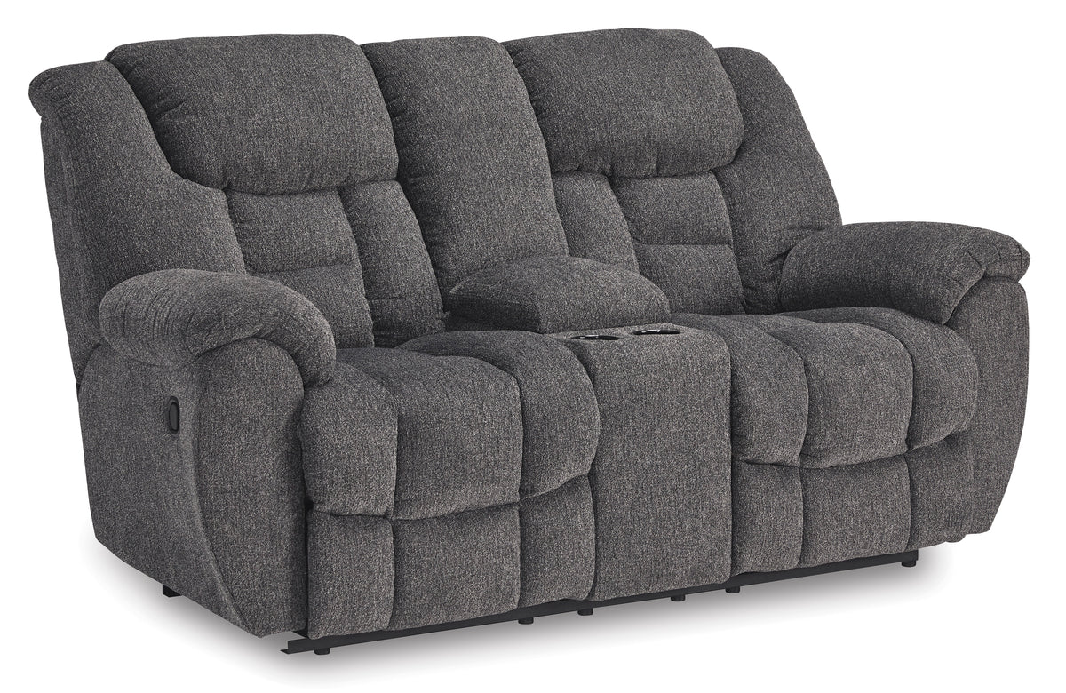 Charcoal Performance Fabric Reclining Seating, console loveseat upright angle