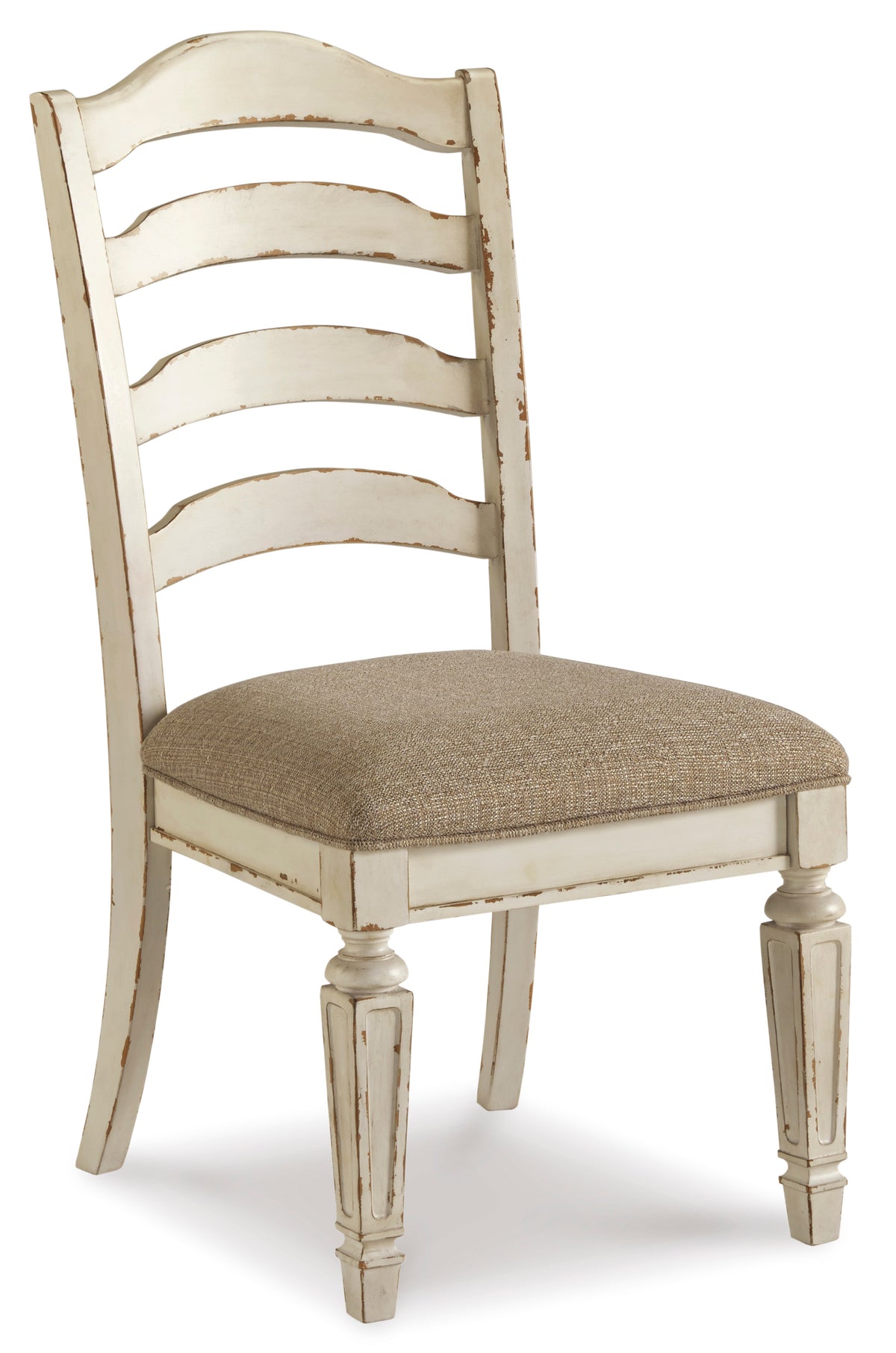 Chipped White Ladderback Dining Chairs, product view; sold as a matching pair; tables, additional chairs and accessories excluded