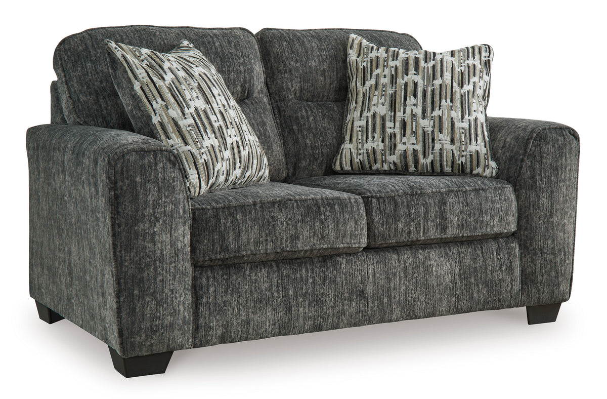 Gunmetal Upholstered Seating, loveseat angle view