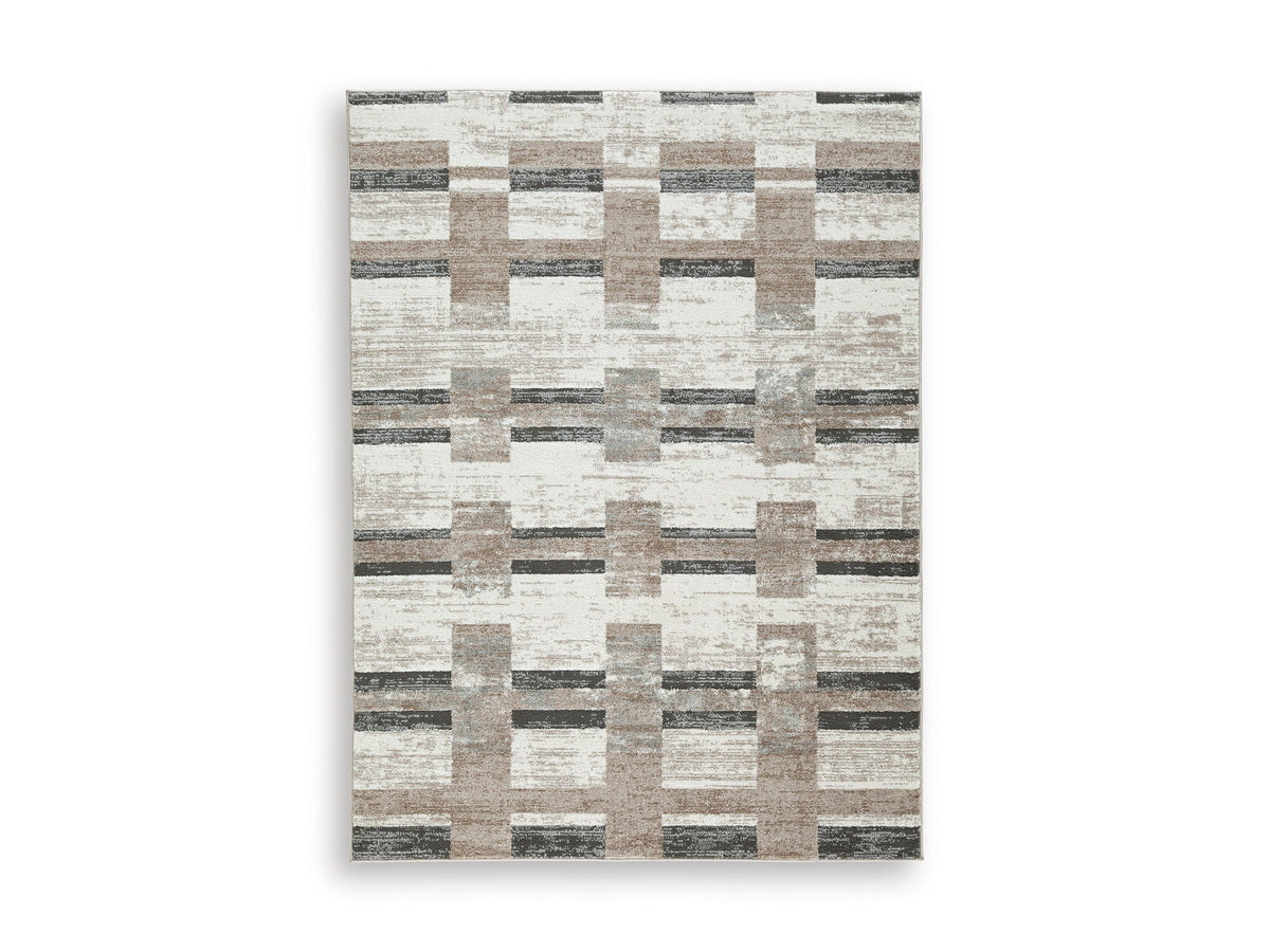 Neutral Block-Stripe Area Rug with Jute Backing, smaller size front view