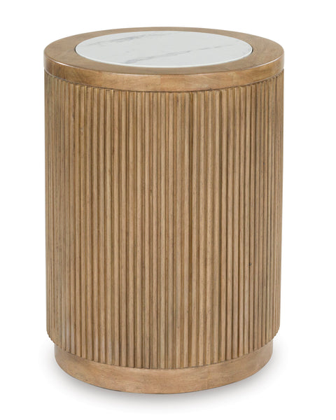 Round Faux Marble End Table with Reeded Wood-Look Base