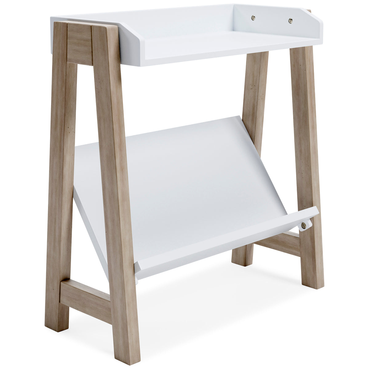 Small White and Tan Bookcase with Angled Shelf, angle view