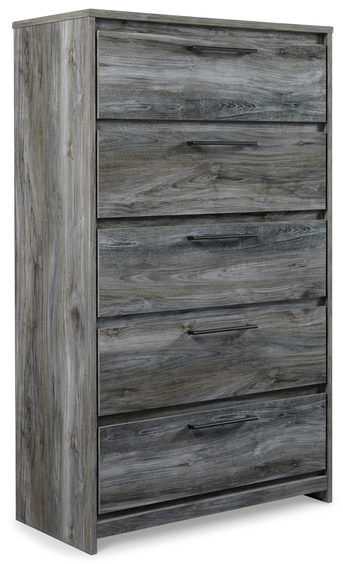 Smoky gray five-drawer chest, front angle