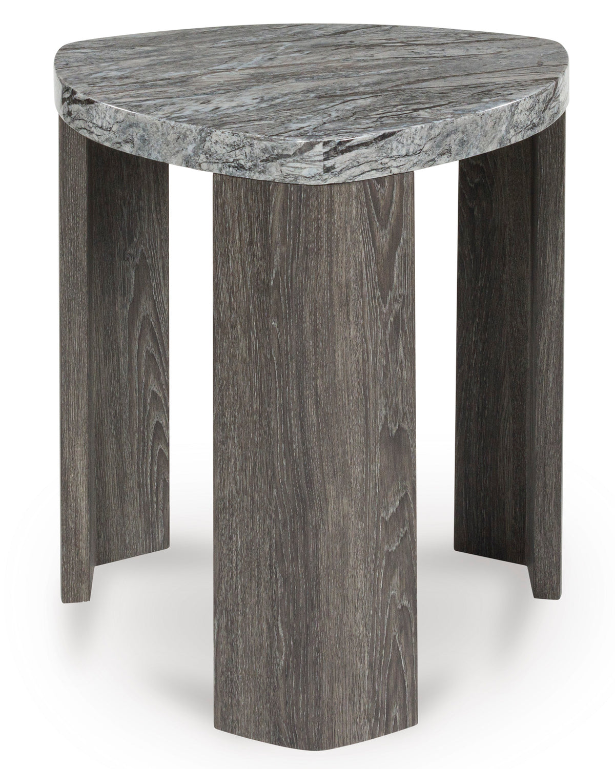 Triangle End Table with Gray Faux Marble Top, front view; accessories excluded