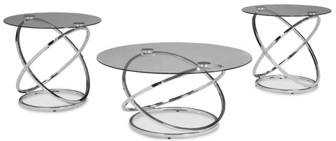 Chrome and Glass Three-Piece Round Coffee and End Table Set