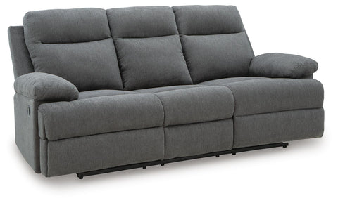 Pillow-Arm Chenille Reclining Sofa with Drop-Down Table in Charcoal or Mocha