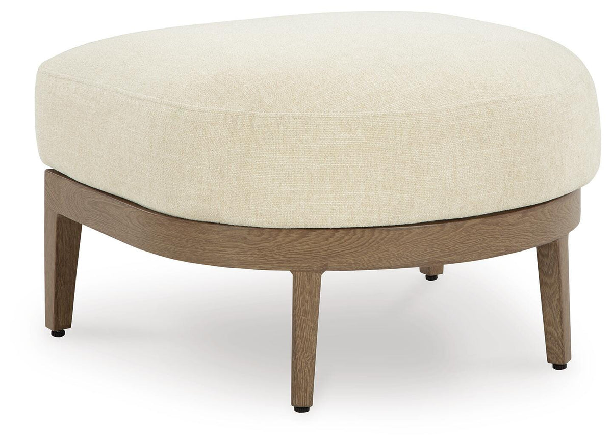 Dark Brown/White, complete outdoor ottoman with cushion angled view