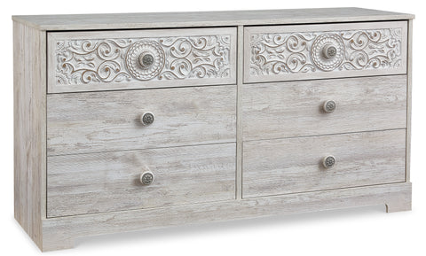 Whitewash Low Six-Drawer Dresser with Medallion Detailing