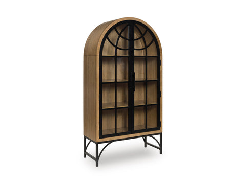 Natural Brown and Black Arched Glass-Door Accent Cabinet