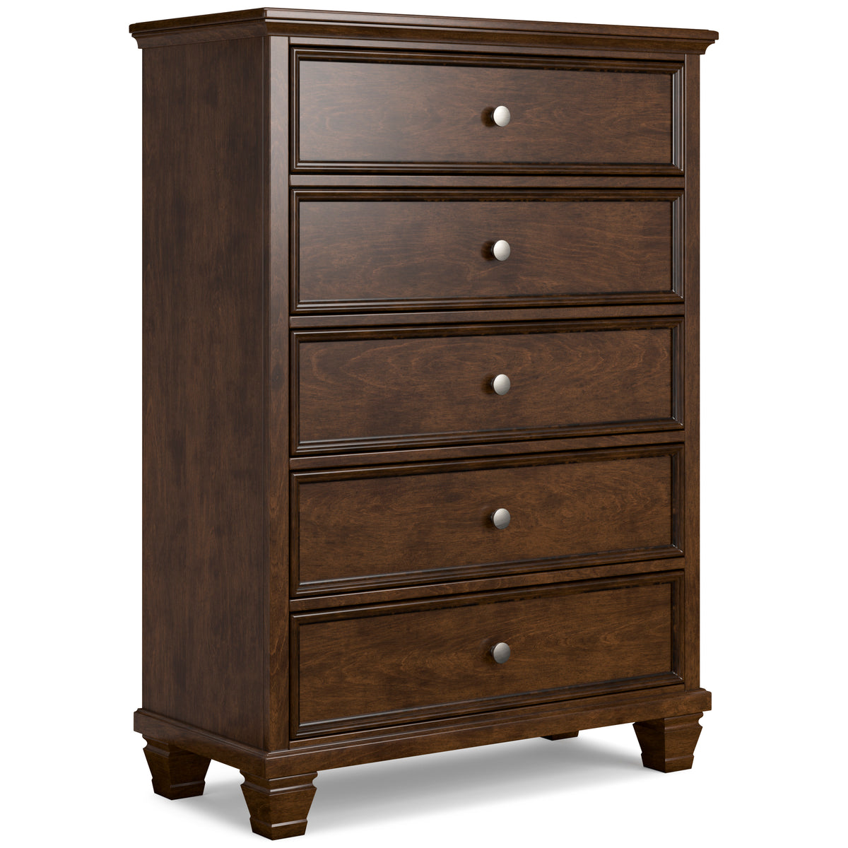 Brown, complete five-drawer chest, angled view