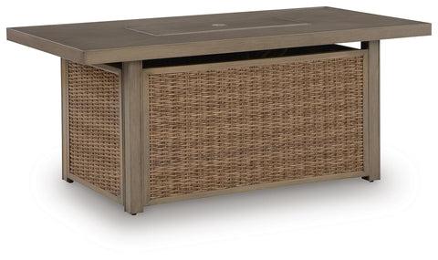 Beige Wicker Outdoor Fire Pit Table with 30,000 BTU Burner