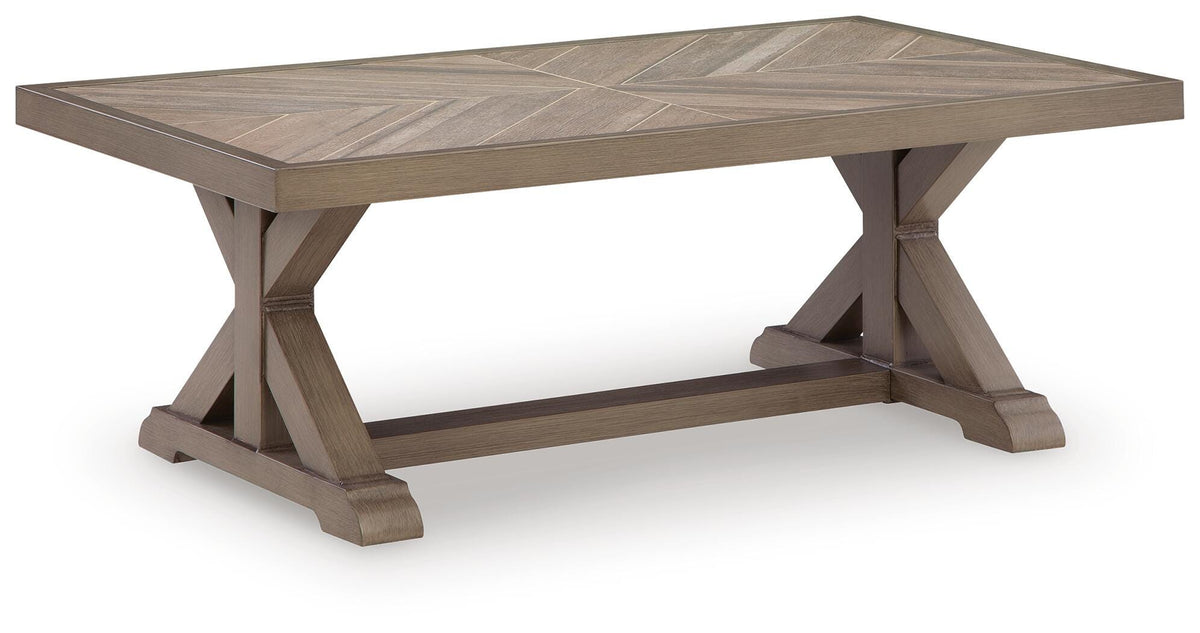 Beige, complete rectangular outdoor coffee table angled view
