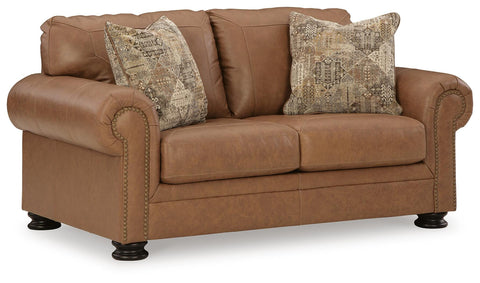 Nailhead Leather-Match Loveseat with Feather-Blend Pillows in Caramel
