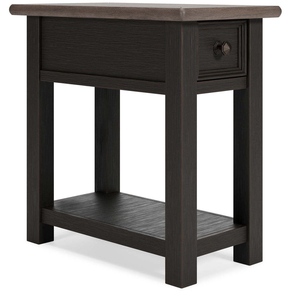 Grayish Brown/Black Two Tone Drawer Shelf Charging End Table, full product view