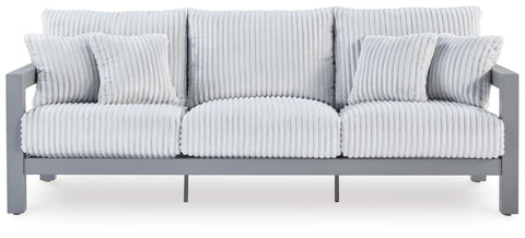 Gray Aluminum Outdoor Sofa with Corded Cushions and Four Pillows