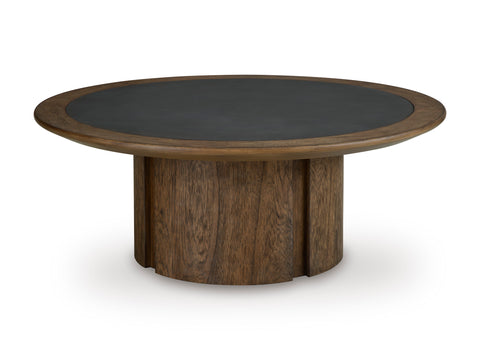 Warm Brown Round Coffee Table with Faux Cement Inset