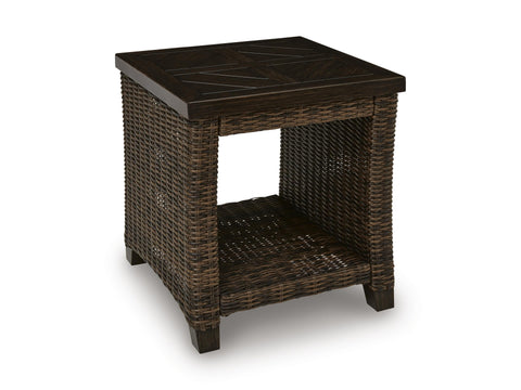 Dark Brown Outdoor Wicker End Table with Lower Shelf