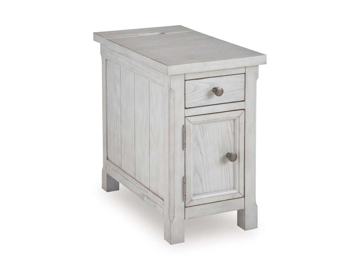 Antique White chairside table with cabinet and USB charging, full product view