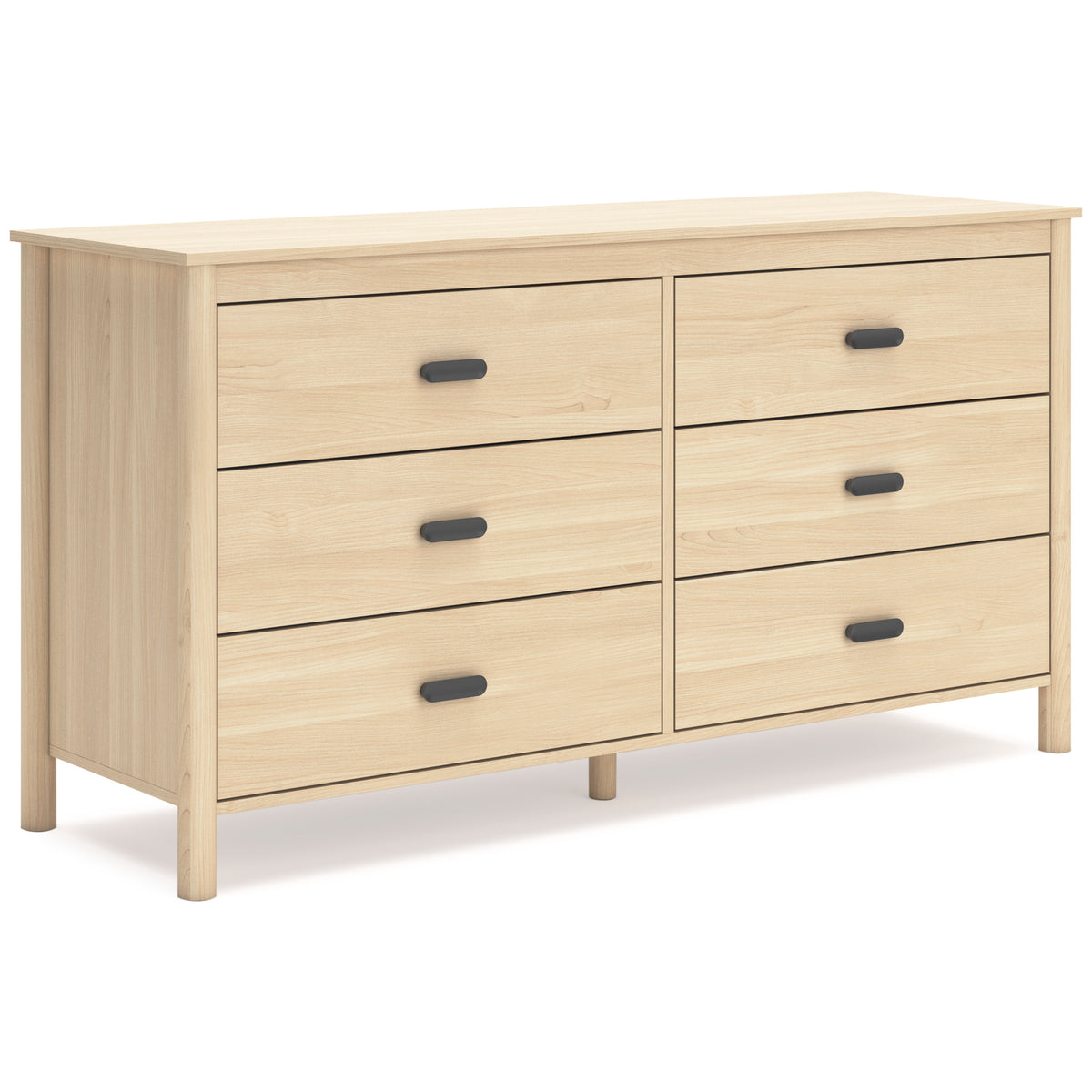 Tan, complete six-drawer dresser, angled view