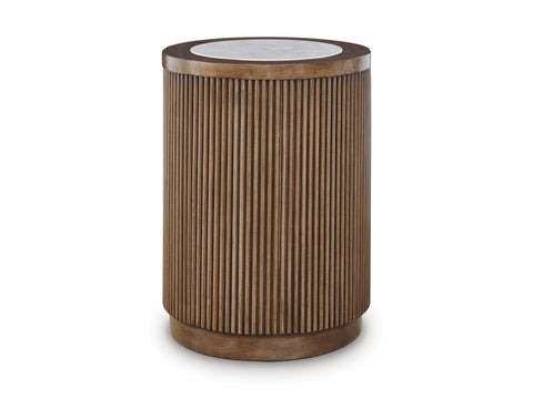 Light Brown Reeded Drum End Table with Faux-Stone Top