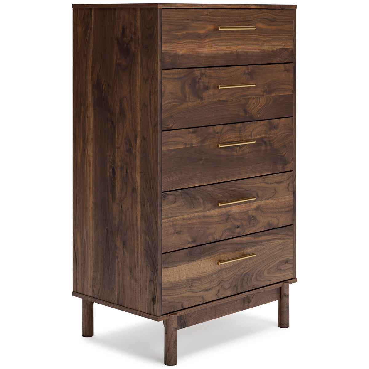 Mocha, complete five-drawer chest, angled view