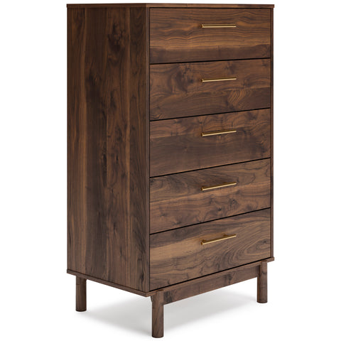 Mocha Walnut-Grain Five-Drawer Chest with Gold-Tone Pulls