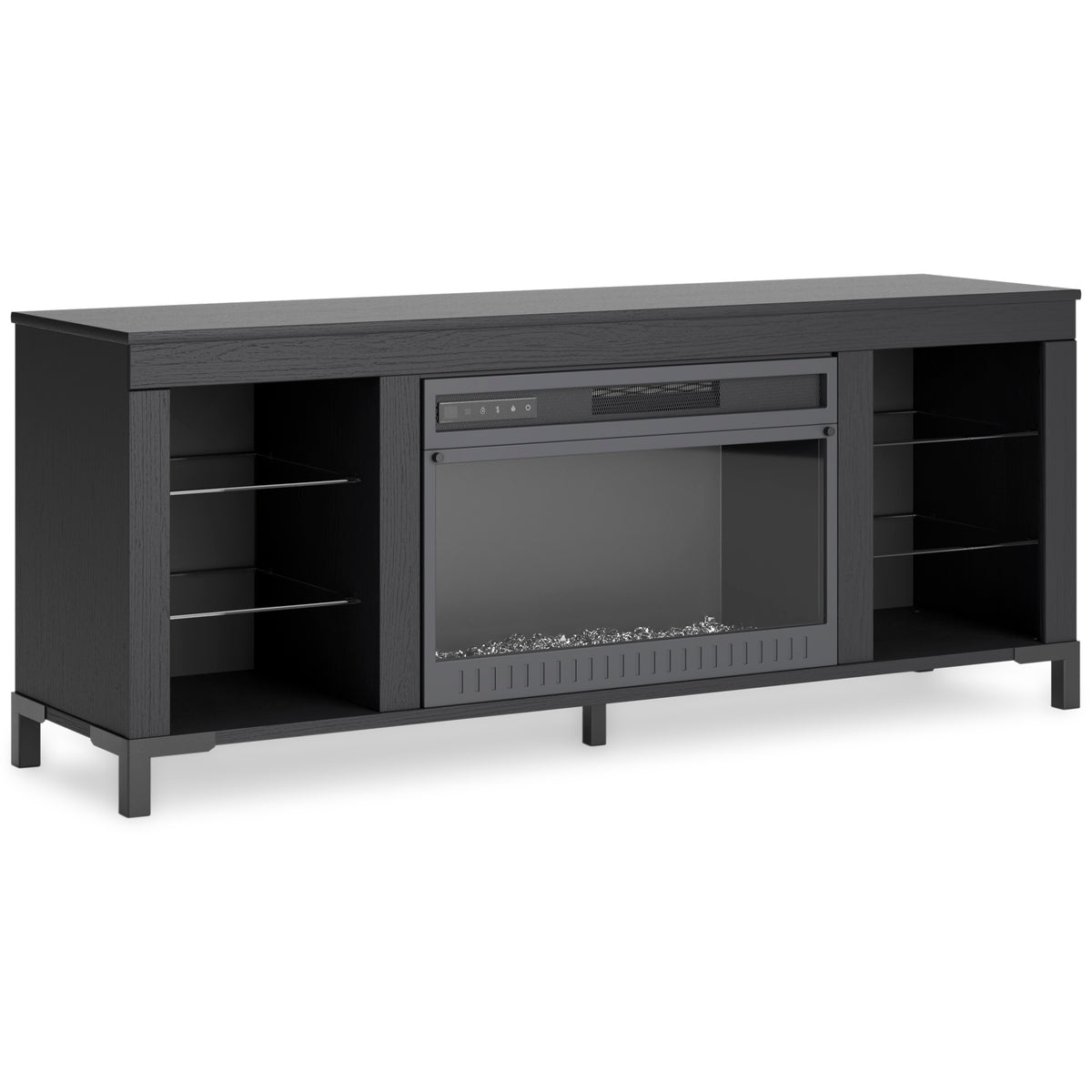 Black TV stand with included fireplace and LED shelves, full product view