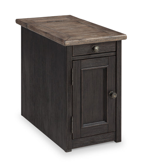 Two-Tone Cabinet Chairside Table with Charging and Cup-Holder Tray