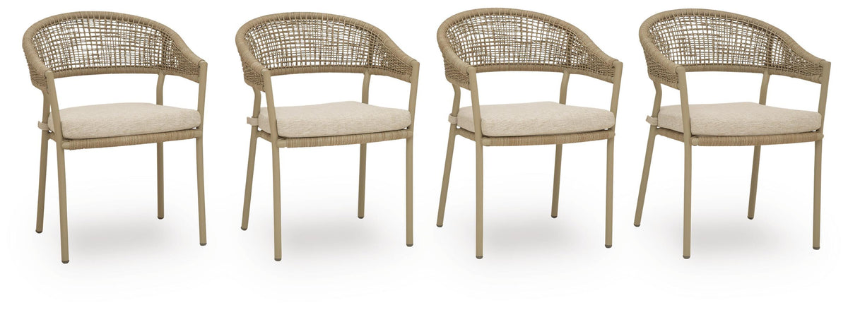 Beige, complete set of four cushioned dining armchairs