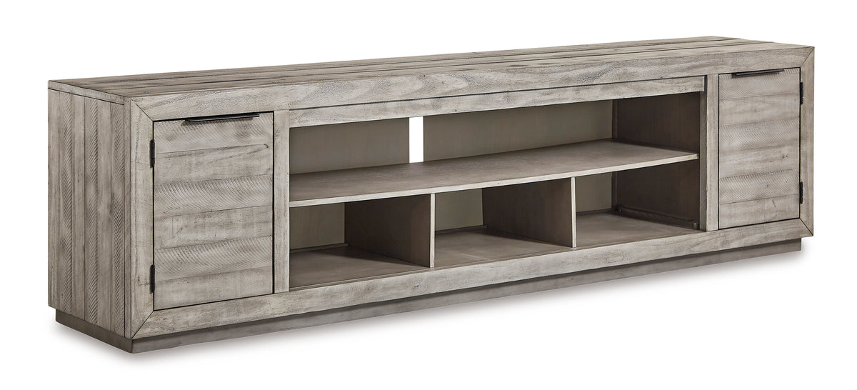 Gray wide TV stand with side storage cabinets, full product view