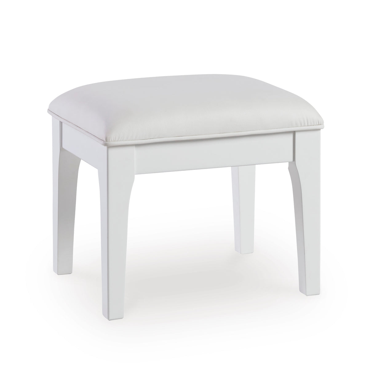 White, complete upholstered vanity stool, angled view