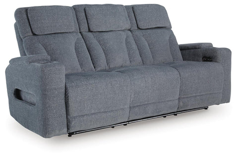 Performance Upholstered Power Reclining Sofa with Charging Table in Steel