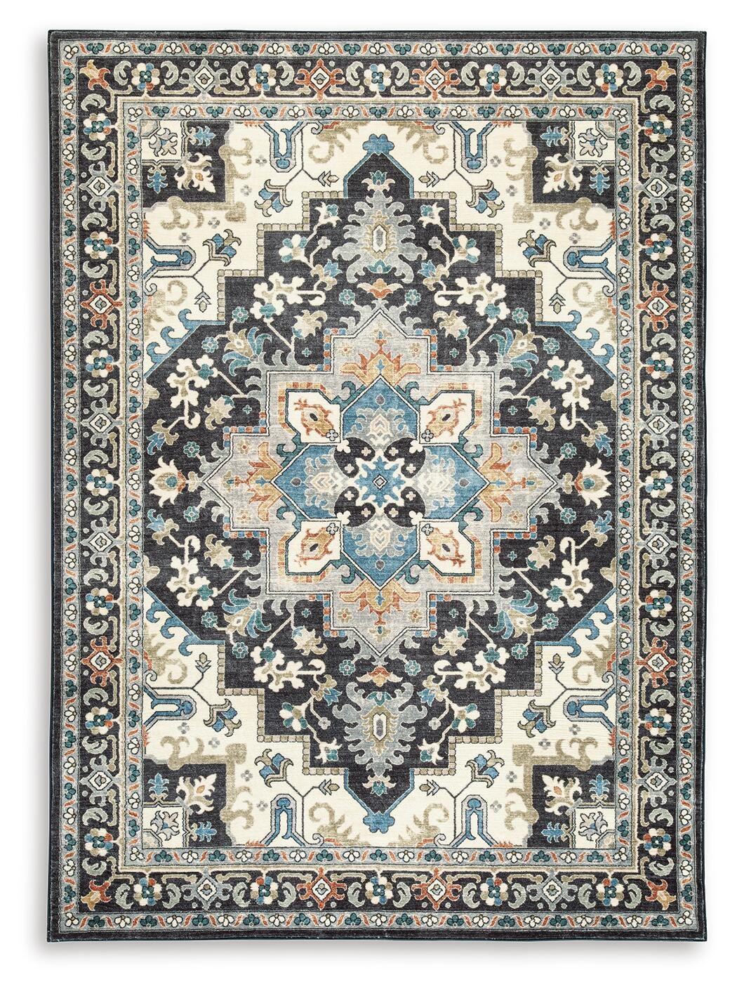 Black/Cream/Blue 96.5" x 120.63", complete rug design; representative size