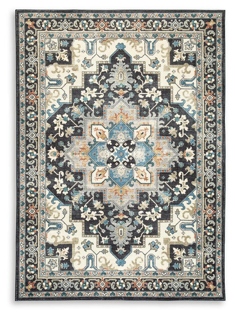 Black Cream and Blue Medallion Machine Washable Rug