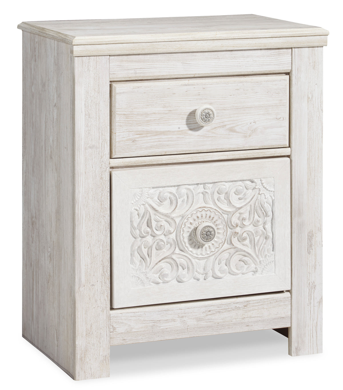 Whitewash, complete two-drawer nightstand, angled view