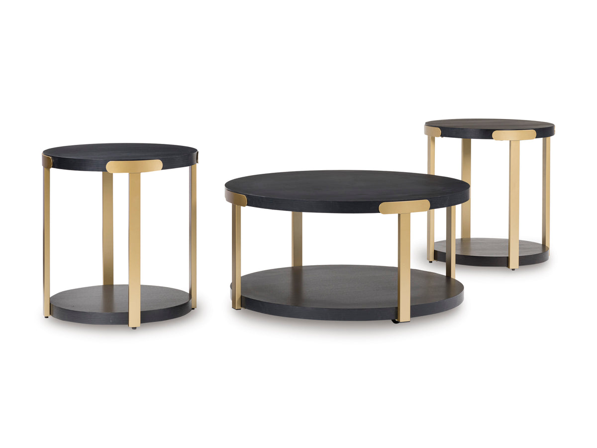 Black/Brass Finish three-piece table set, full product view