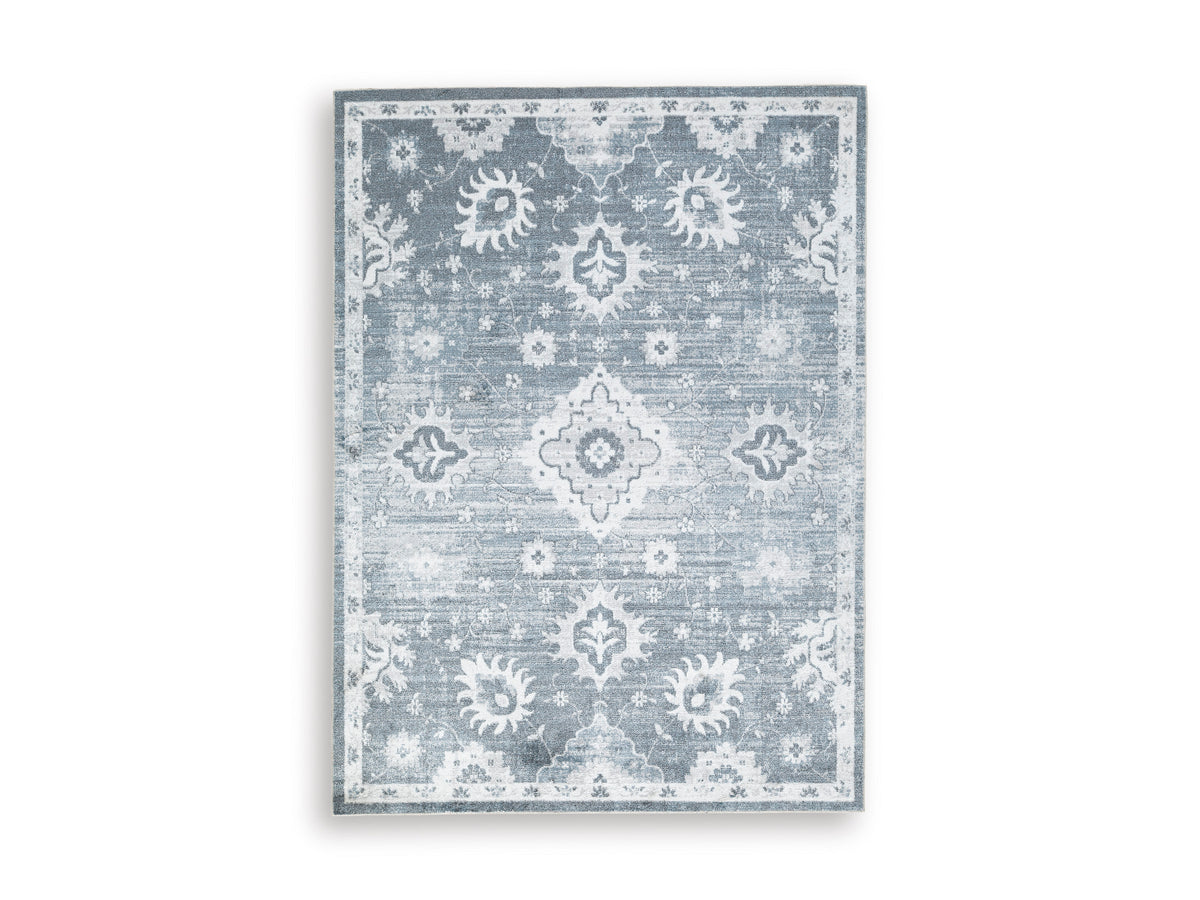 Blue/Gray/Ivory 62.75" x 84", complete rug design; representative size