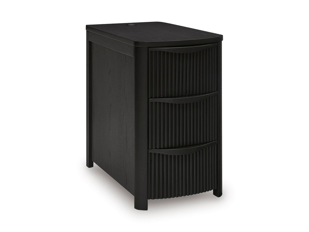 Black Reeded Three Drawer Charging End Table, full product view