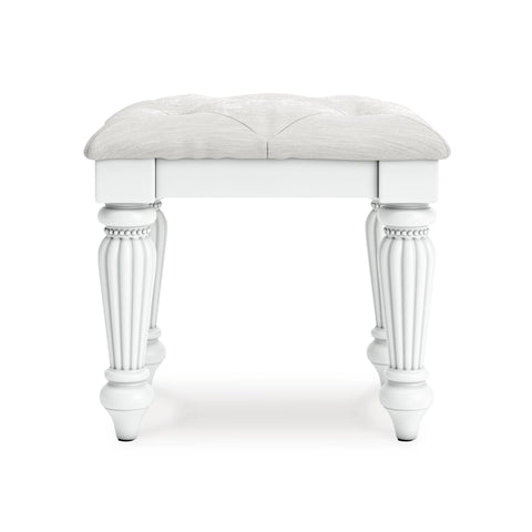 White Button-Tufted Vanity Stool with Turned Wood Legs
