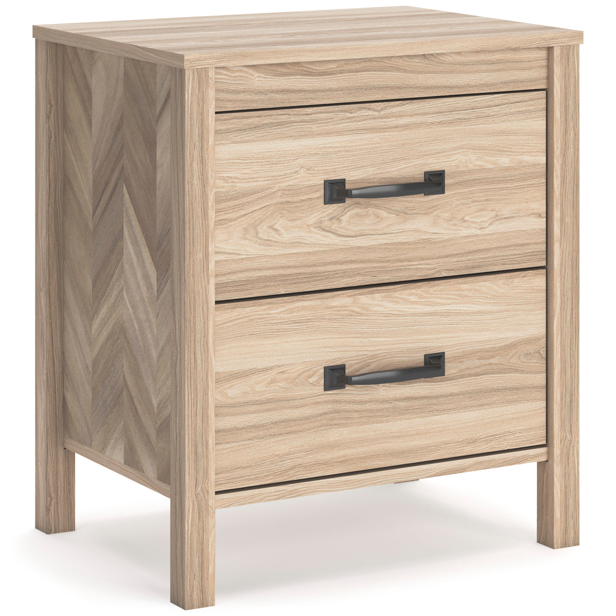 Tan, complete two-drawer nightstand, angled view