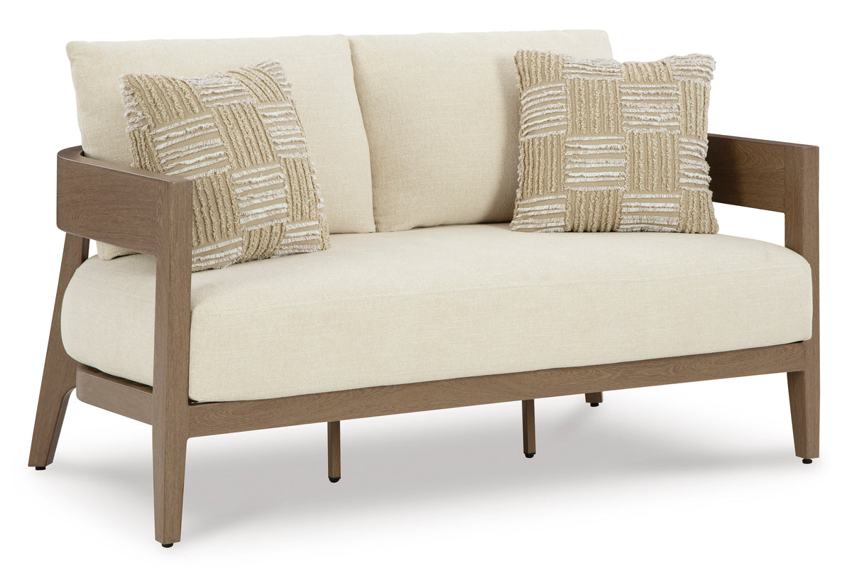 Dark Brown/White outdoor loveseat with cushions, full product view
